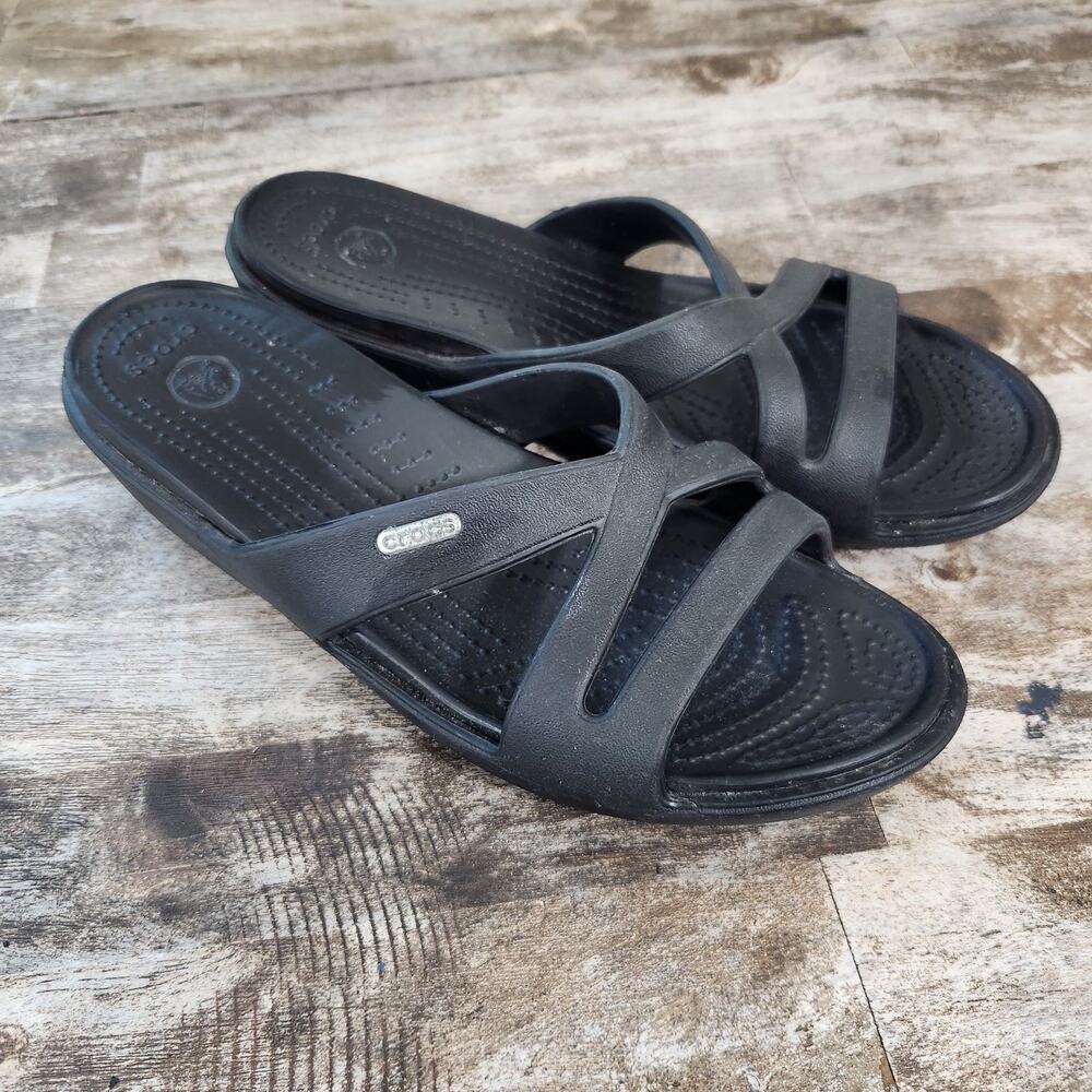 Crocs Patricia Womens 10 Black Wedge Sandals Strappy Comfort Slip On Shoes